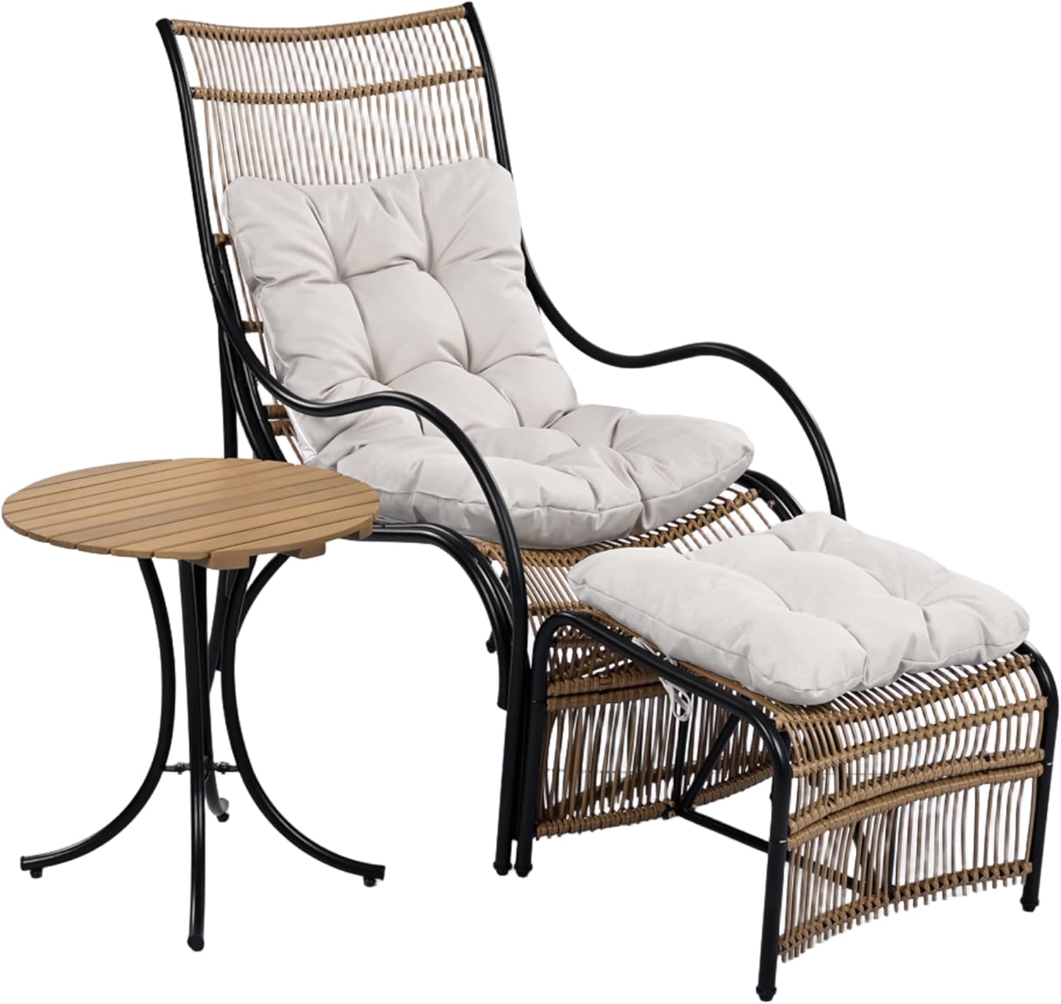 Merax 3-Pieces Patio Furniture Set, Wicker Outdoor Lounge Chairs with Footrest and Acacia Wood Table for Garden, Lawn, Pool, Balcony, Thick Soft Cushion Seating, Natural