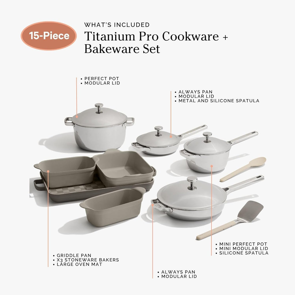 Our Place Titanium Pro Cookware & Bakeware Set | 15-Piece Non-toxic Nonstick Kitchenware with Titanium Always Pan Pro, Perfect Pot Pro, Minis & Ceramic Bakeware with Stovetop Griddle | Char
