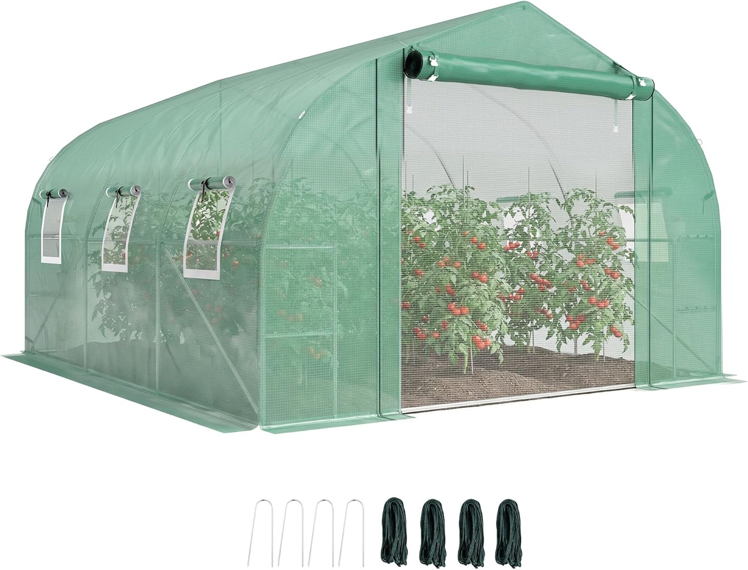 Outsunny 10' x 11' x 6' Walk-in Tunnel Greenhouse with Shelves, Plant Hot House with PE Cover, Mesh Door and Windows, Outdoor Green House for Patio Lawn Garden, Green