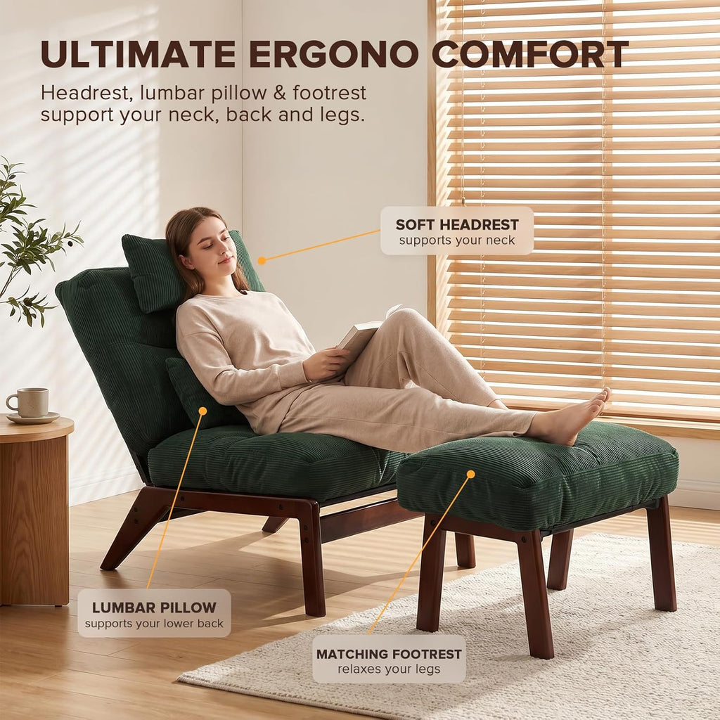 GEMBED Accent Chair with Ottoman Adjustable Backrest, Comfy Lounge Chair Single Sofa with Headrest Lumbar Pillow, Reading Chair with Footrest for Bedroom, Living Room, Garden, Green