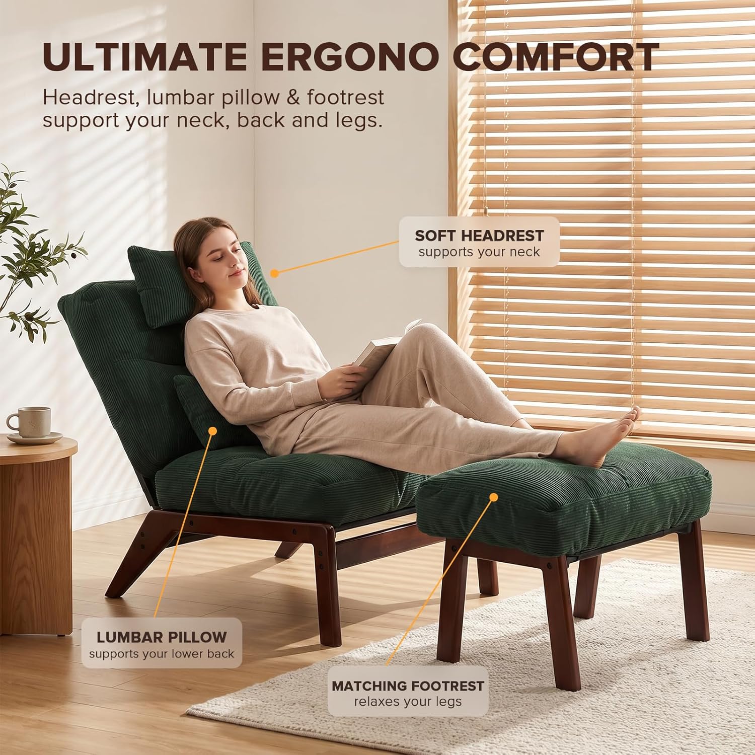 GEMBED Accent Chair with Ottoman Adjustable Backrest, Comfy Lounge Chair Single Sofa with Headrest Lumbar Pillow, Reading Chair with Footrest for Bedroom, Living Room, Garden, Green