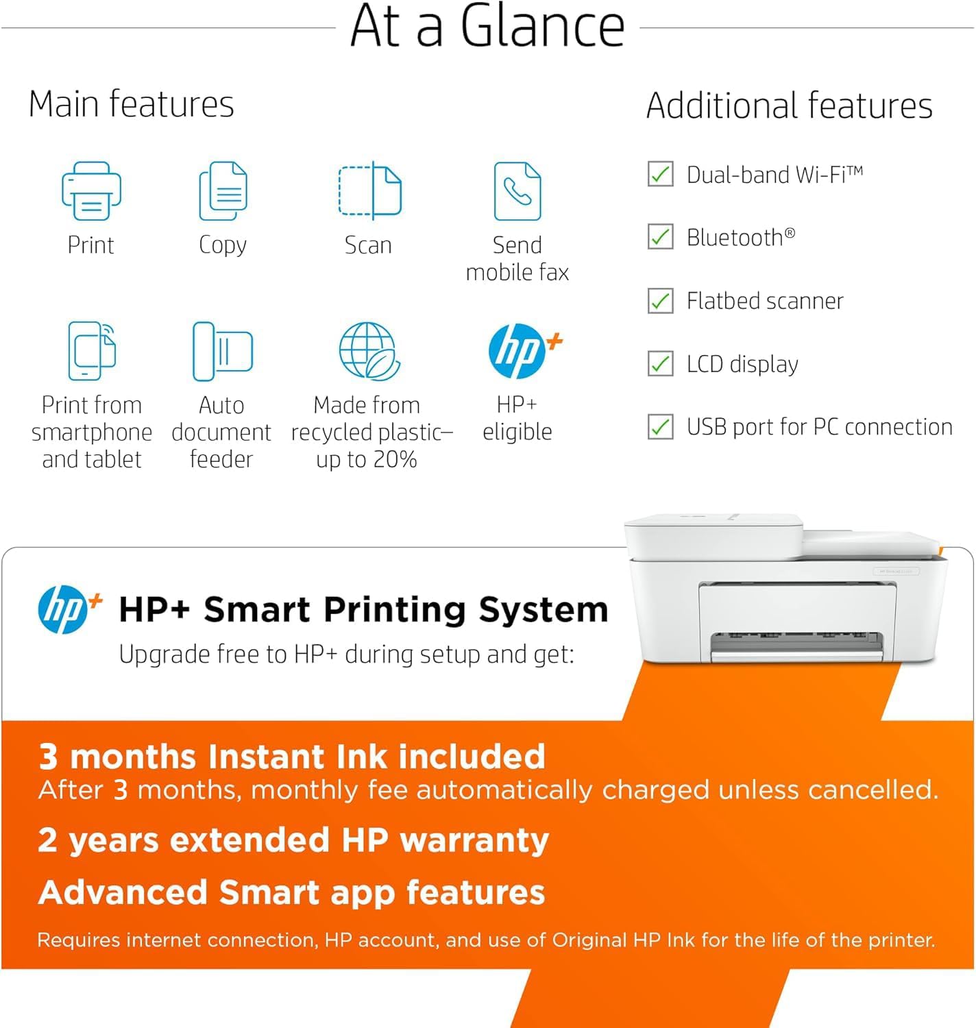 HP DeskJet 4155e Wireless Color Inkjet Printer, Print, scan, copy, Easy setup, Mobile printing, Best-for home, 3 month Instant Ink trial included, white