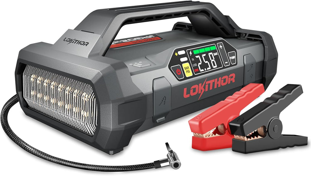 LOKITHOR JA302 Jump Starter with Air Compressor, 2500Amp 12V Portable Car Battery Booster Pack for Upto 8.5L Gas or 6.5L Diesel, 150 PSI Tire Inflator with Digital Screen, 36 Months Ultra-Long Standby