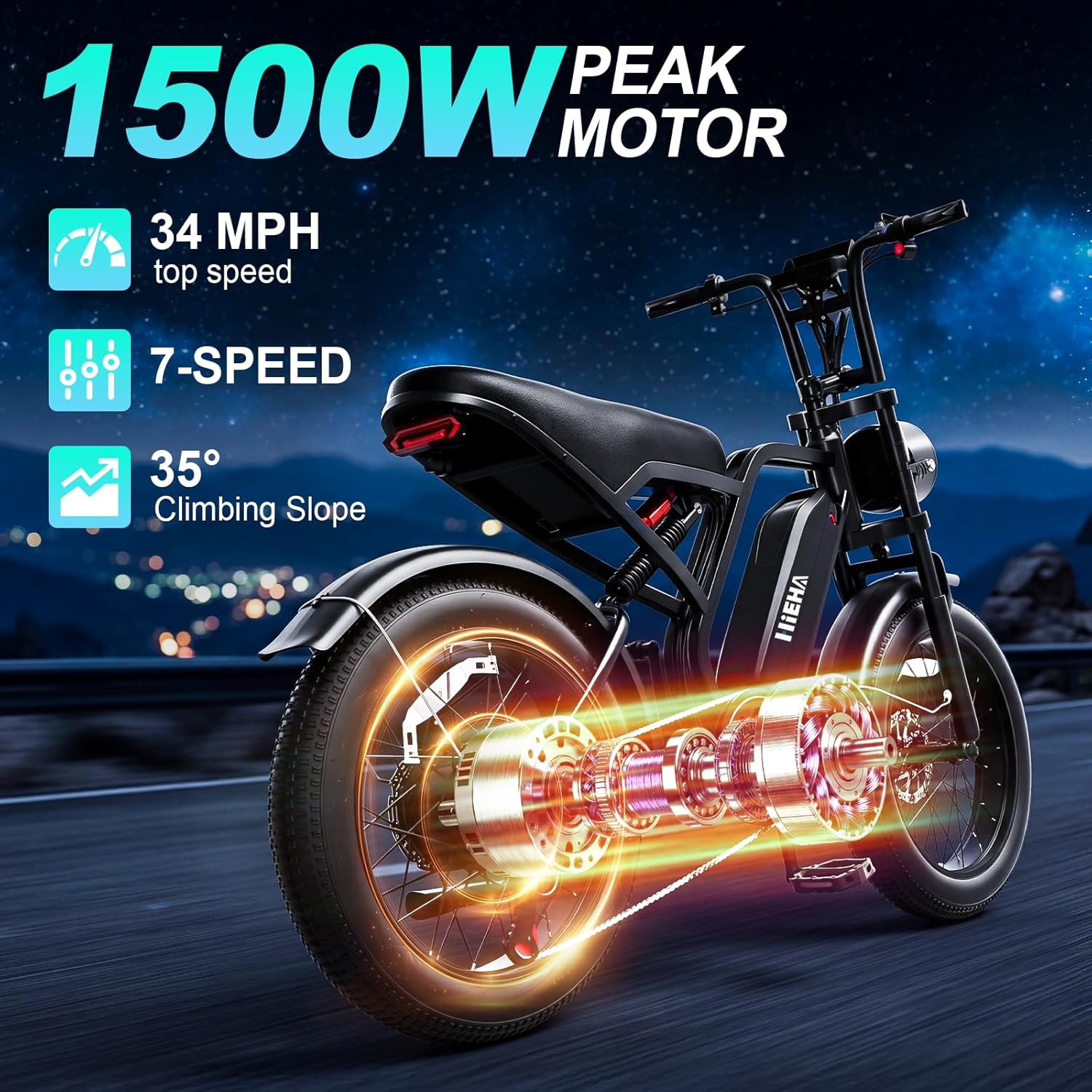 Electric Bike for Adults, 1500W Peak Motor Fat Tire Ebike 34 MPH 60 Miles Range with Apple CarPlay & Android Auto, 20" x 4.0" Full Suspension 7-Speed Electric Dirt Bike
