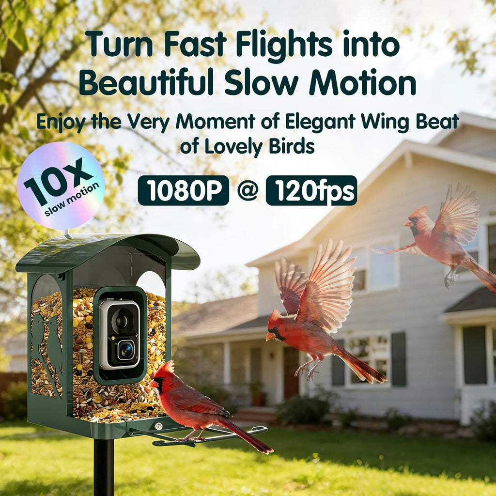 Bird Feeder with Camera, 4K Ultra HD Video with 30fps Live View, 10x Slow Motion, No Subscription, Solar Powered AI Smart Bird Feeder with Camera, 2.4G/5G Wi-Fi, Durable Metal,Bird Lover Gift