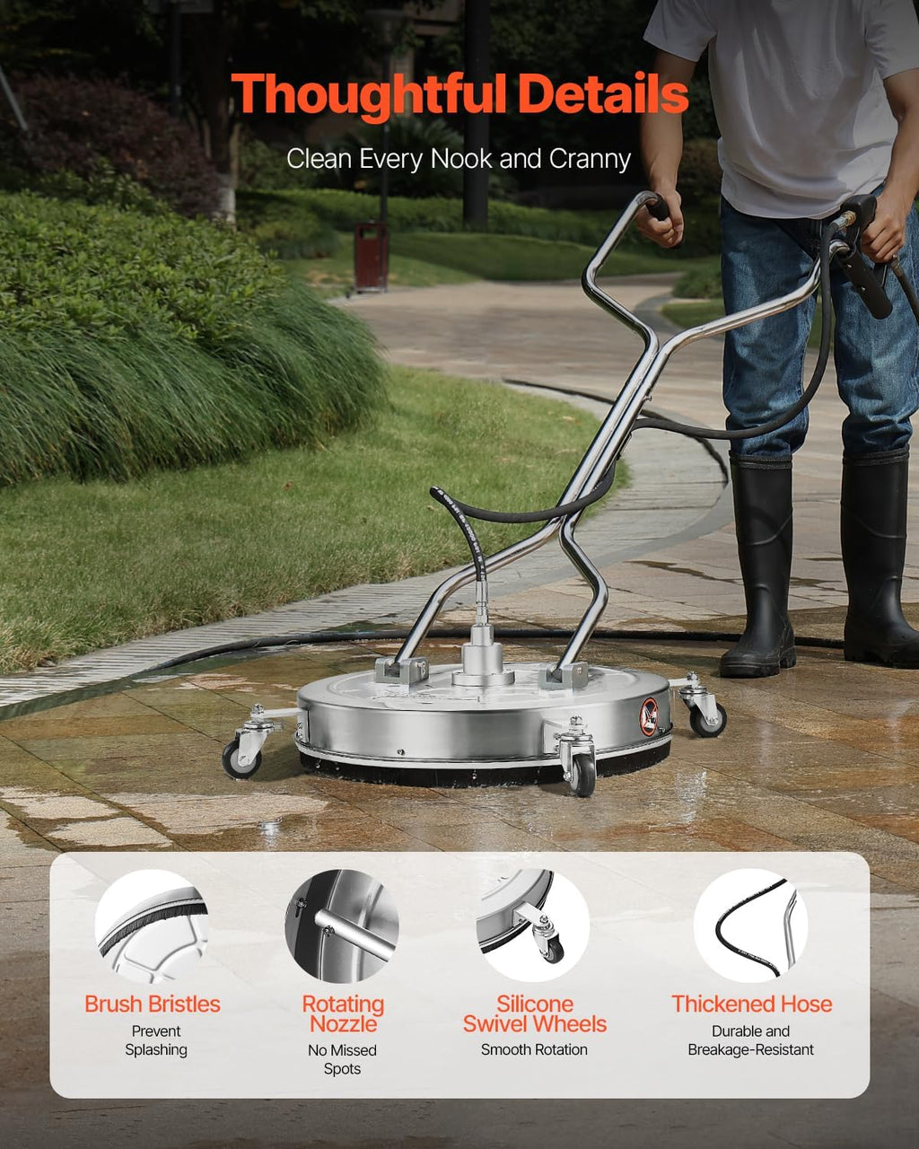 VEVOR 24 Inch Pressure Washer Surface Cleaner, 4000 PSI Stainless Steel Attachment with 4 Wheels, 2 Nozzles, 3/8 Inch Quick Connect and Dual Handle for Concrete, Patio, Sidewalk