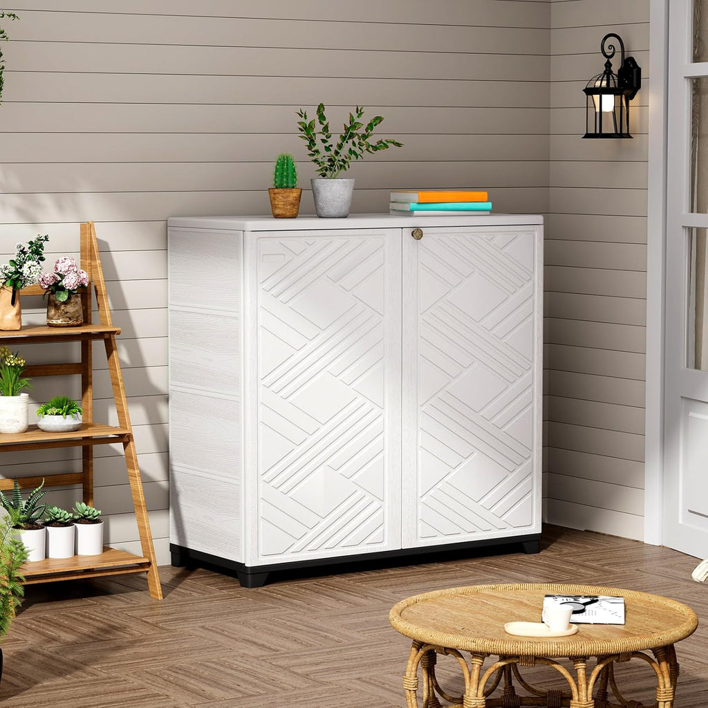 ZZM Indoor/Outdoor Storage Cabinet Waterproof, 34"x15"x34" Plastic Outdoor Storage Box for Garden Balcony Bathroom, All Weather Outdoor Storage Clearance, DIY Usage, with 2 Shelf (White)