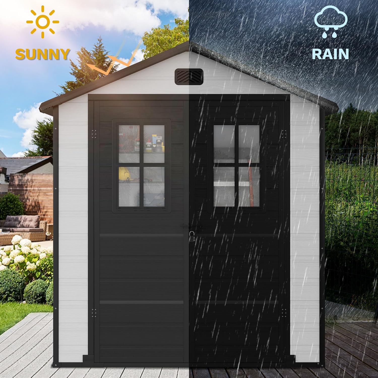 DWVO 6x4.4 FT Outdoor Storage Shed, Plastic Garden Tool Shed with 2 Windows, Double-Wall Outside Shed for Lawn Mower, Garden Shed for Backyard, Patio, Lawn