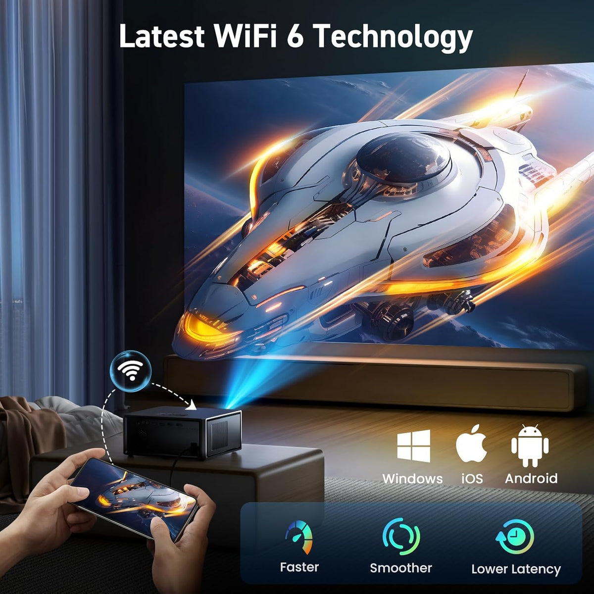 Short Throw/2500 ANSI/E-Focus SOPYOU 4K Decoding Projector with WiFi and Bluetooth, Outdoor Movie Projectors, Max 450" Display Home Theater, Portable Smart Proyector for iOS/Android/TV Stick/PS5