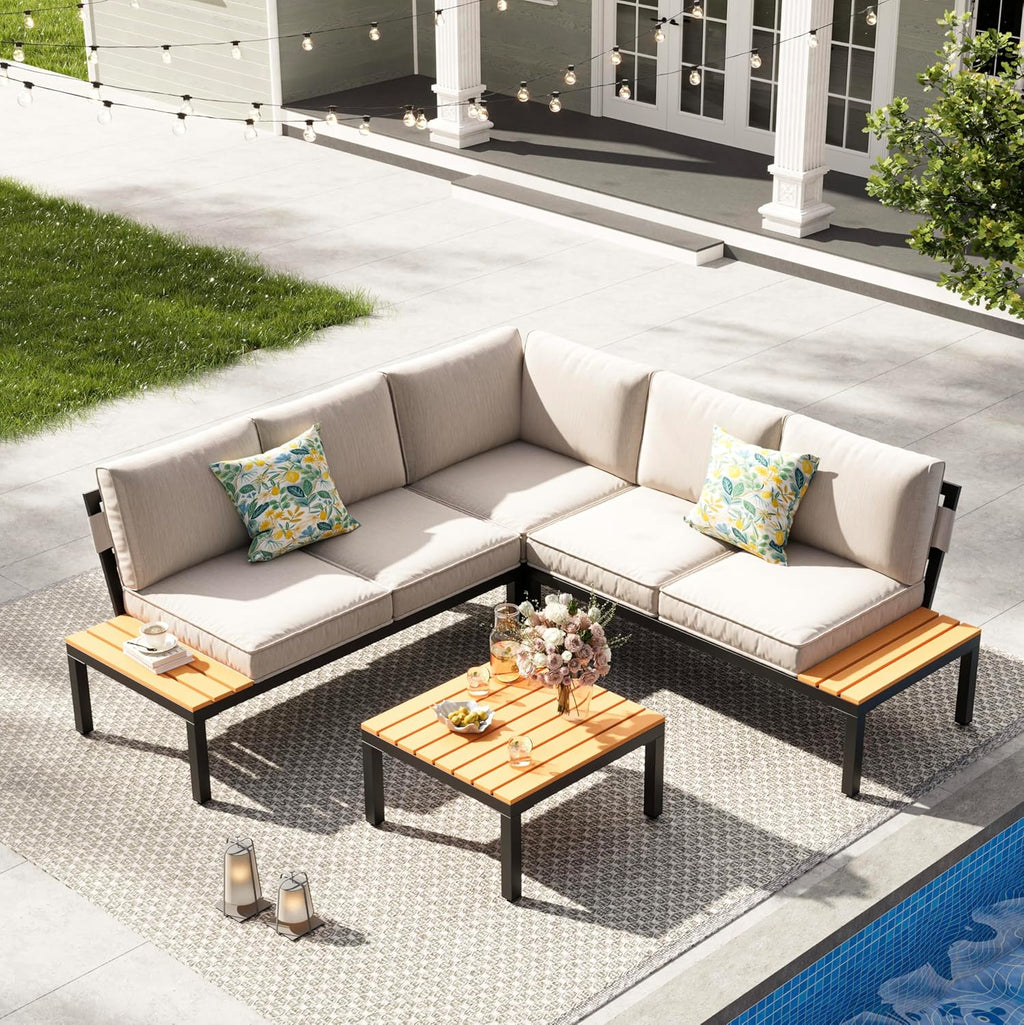 JOYURE 4-Piece Patio Furniture Set,Metal Outdoor Sectional Sofa with 3 Fauxwood Tables &Adjustable Reclining Chair,Patio Modular L Shape Sofa with Thickened Cushions for Backyard,Deck,Balcony,Beige