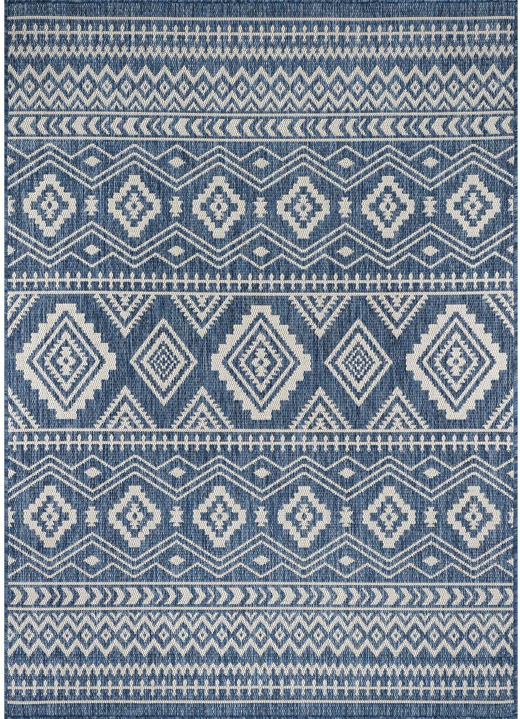Beverly Rug Waikiki Boho Indoor Outdoor Rug 9x12, Washable Outside Carpet for Patio, Deck, Porch, Bohemian Area Rug, Farmhouse Rugs, Aztec Tribal Rug, Azure and White