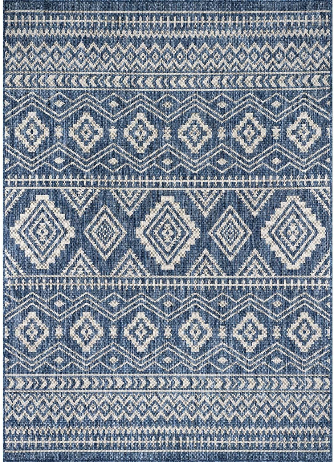 Beverly Rug Waikiki Boho Indoor Outdoor Rug 9x12, Washable Outside Carpet for Patio, Deck, Porch, Bohemian Area Rug, Farmhouse Rugs, Aztec Tribal Rug, Azure and White