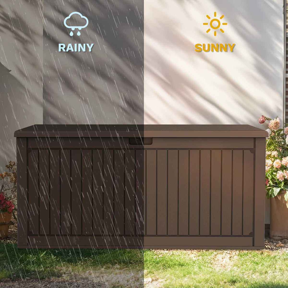 DWVO 320 Gallon Resin Outdoor Storage Box, XXL Double-Wall Waterproof Deck Box with Divider, Doubles as Table or Seating with 1000 lbs Capacity, Lockable (Brown)
