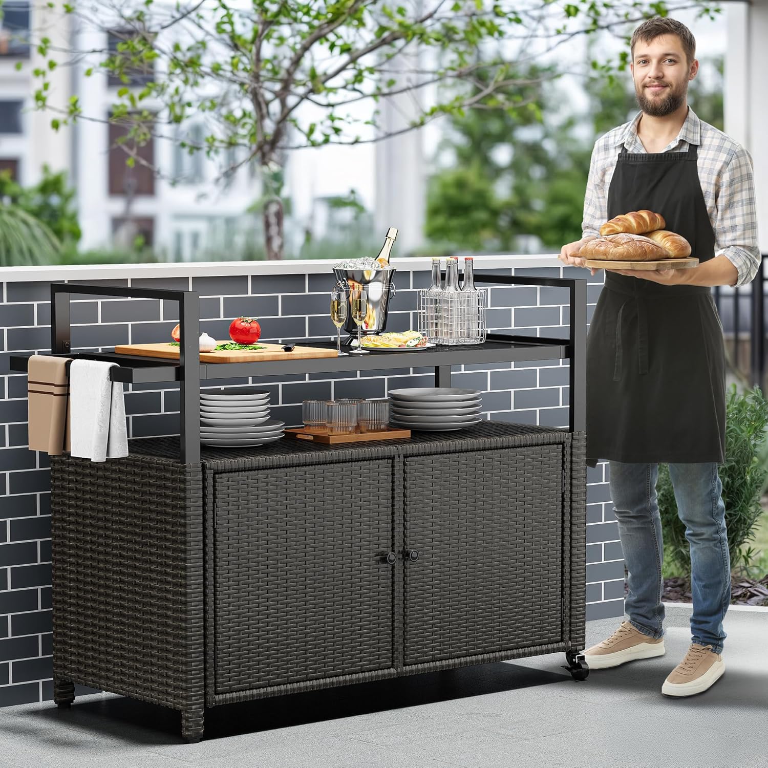 YITAHOME XL Outdoor Storage Cabinet, Outdoor Storage Cart with Wheels and Black Glass Table Top for Patio, Outdoor Cabinet for Poolside and Backyard (Dark Brown)