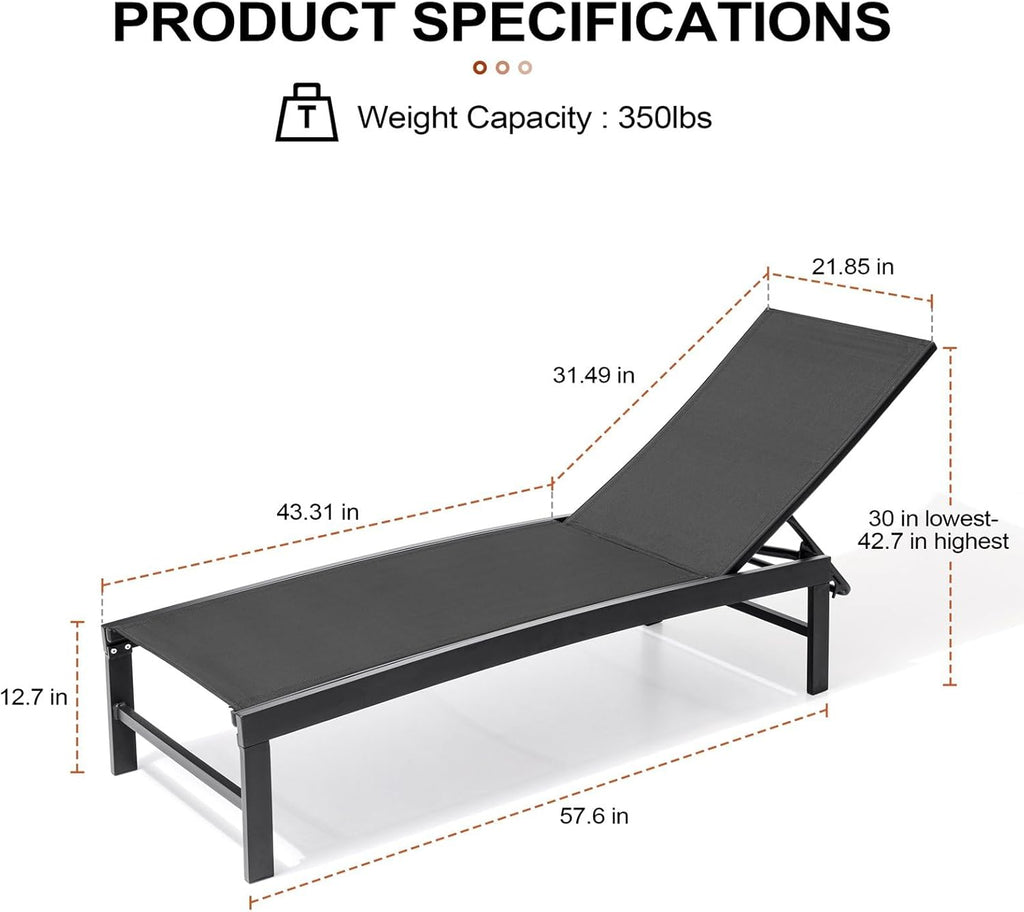 Crestlive Products Chaise Lounge Chair Outdoor Set of 2, Adjustable 5 Positions Pool Lounge Chairs, Metal Tanning Recliner, Outdoor Furniture All Weather for Patio, Beach, Yard, Pool