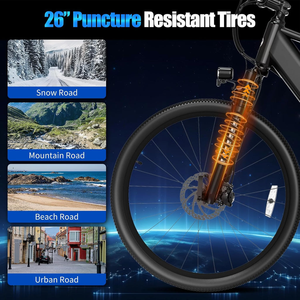 ZDZA Electric Bike, 1000W Peak Motor, 26” E Bike for Adults, 40 Miles Range & 22 Mph Ebike, Electric Bicycle for Commute, 7 Speed & Colorful LCD Display