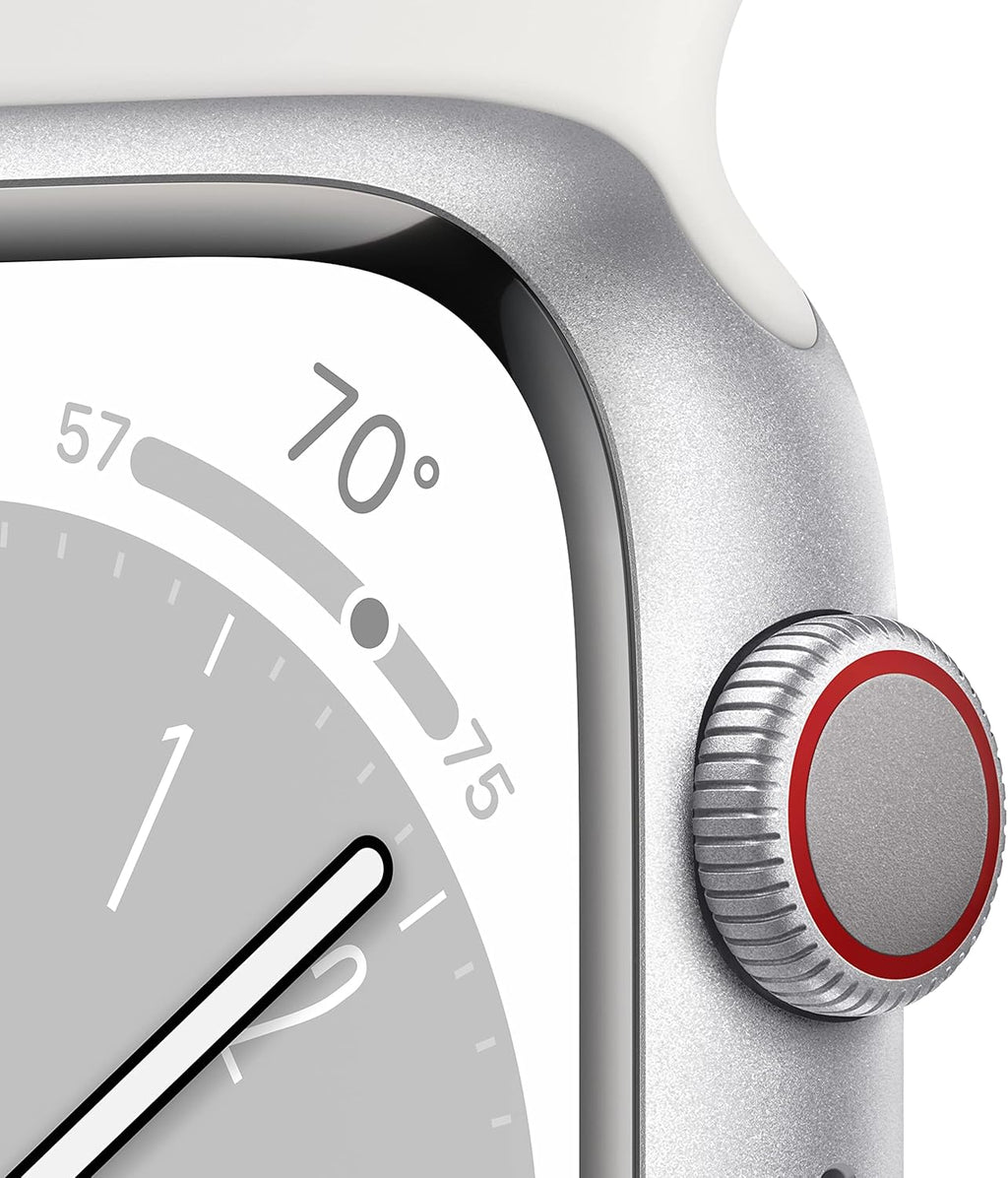 Apple Watch Series 8 GPS + Cellular 45mm Smart Watch w/Silver Aluminum Case with White Sport Band - S/M. Fitness Tracker, Blood Oxygen & ECG Apps, Always-On Retina Display, Water Resistant