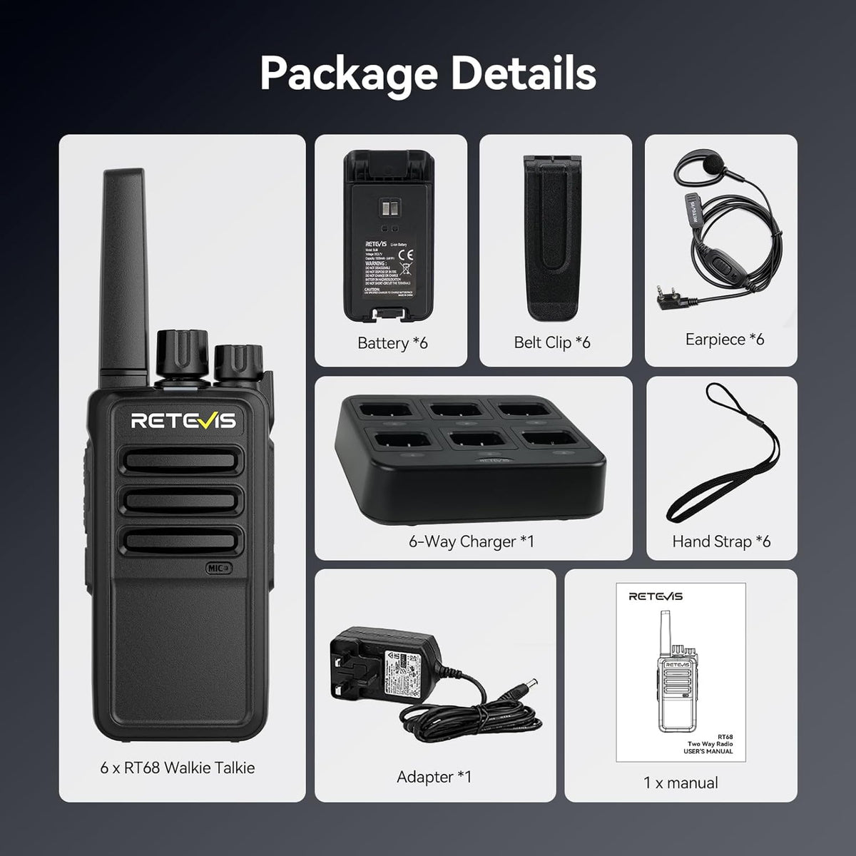 Retevis RT68 Walkie Talkies with Earpiece, Portable FRS Two-Way Radios Rechargeable, with 6 Way Multi Unit Charger, Hands Free, Long Range, Rugged 2 Way Radios 6 Pack for Adults School Church
