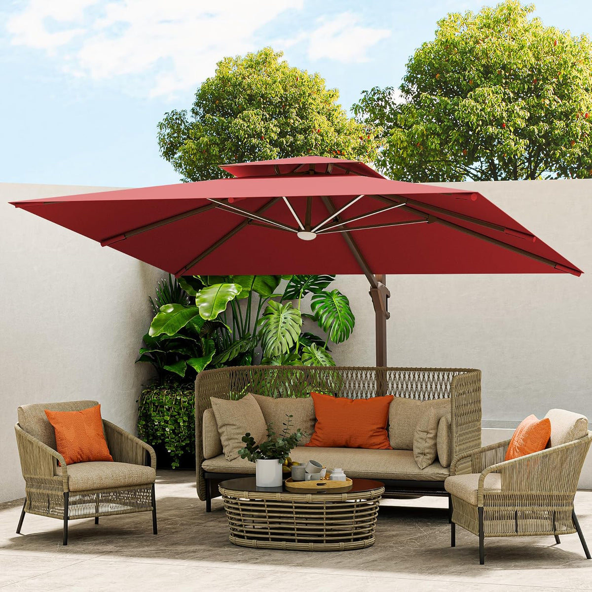 10 X 13 FT Cantilever Outdoor Patio Umbrella with LED Lights Large Heavy Duty 360° Rotation Double Top Offset Rectangular Umbrellas for Backyard Garden Pool Outside Deck, Red