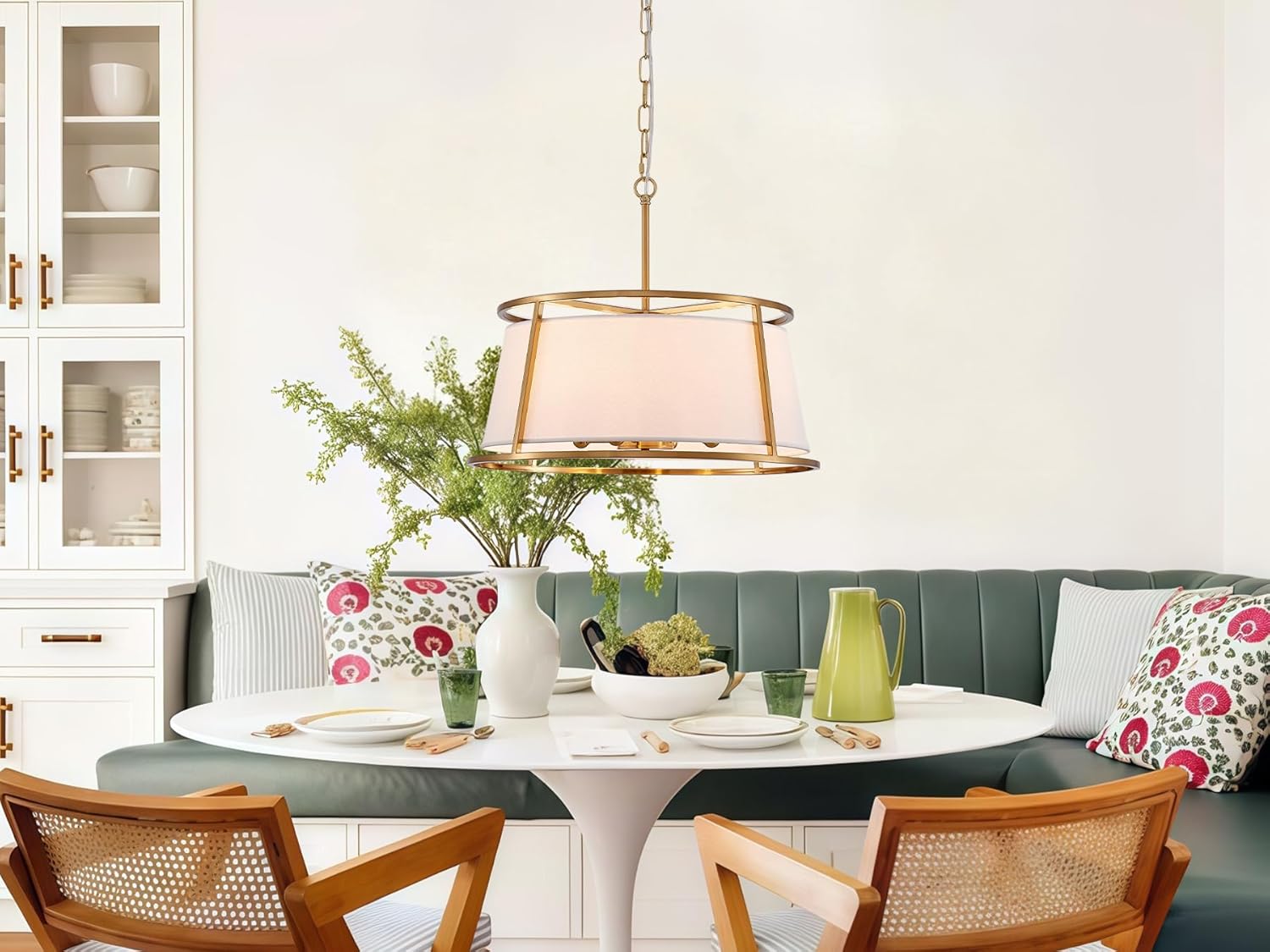 Shrine Lighting Drum Chandeliers, Modern Style, Perfect Pendant Light Fixture for Dining Room, Living Room, D20'' x H9'', Adjustable Chains 59'', E12*4 Sockets, White Lampshade & Brass Finish Frame