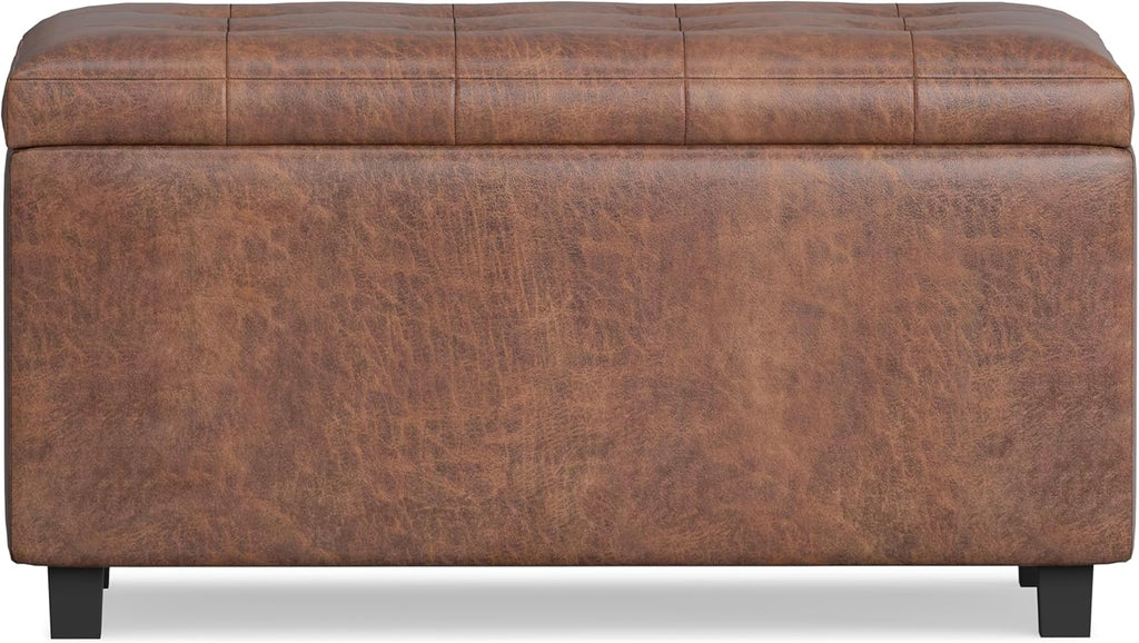 SIMPLIHOME Cosmopolitan Storage Ottoman - 34 inch Wide Upholstered Vegan Leather Rectangle Storage Ottoman Bench in Distressed Saddle Brown, Transitional Tufted Ottoman for Entryway with Lift-Up Lid