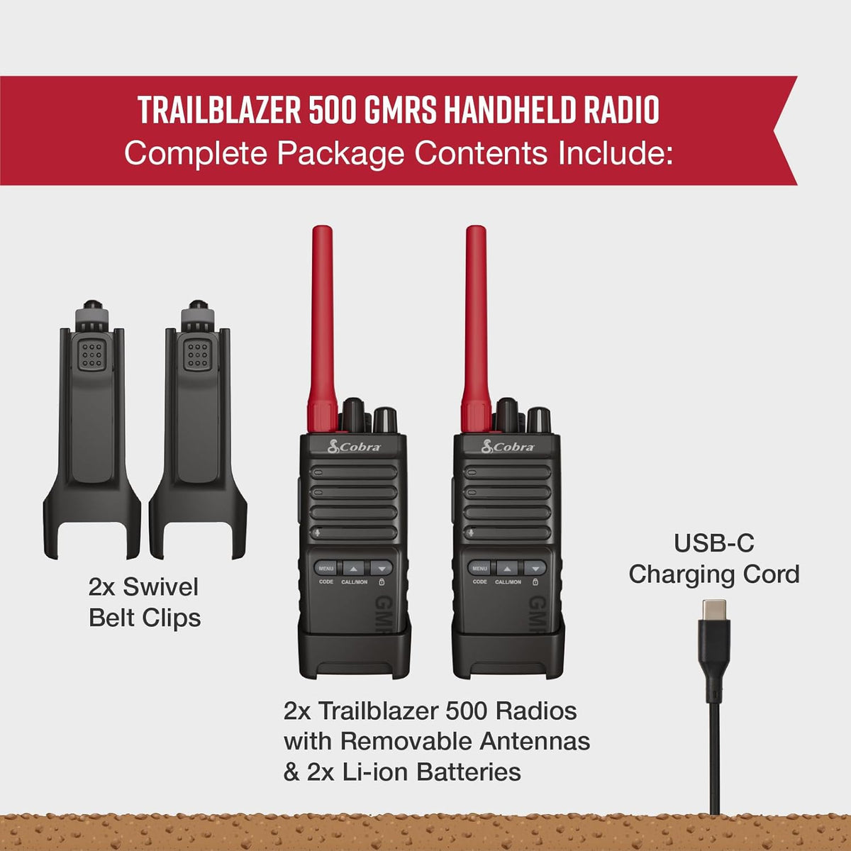 Cobra TrailBlazer 500 GMRS Radio (2-Pack) – IP54 Rugged No-Display Design, 2.5W Long Range Walkie Talkies, 16hr Battery, Swivel Holster, Programmable Software, Removable Antenna, Repeater Compatible