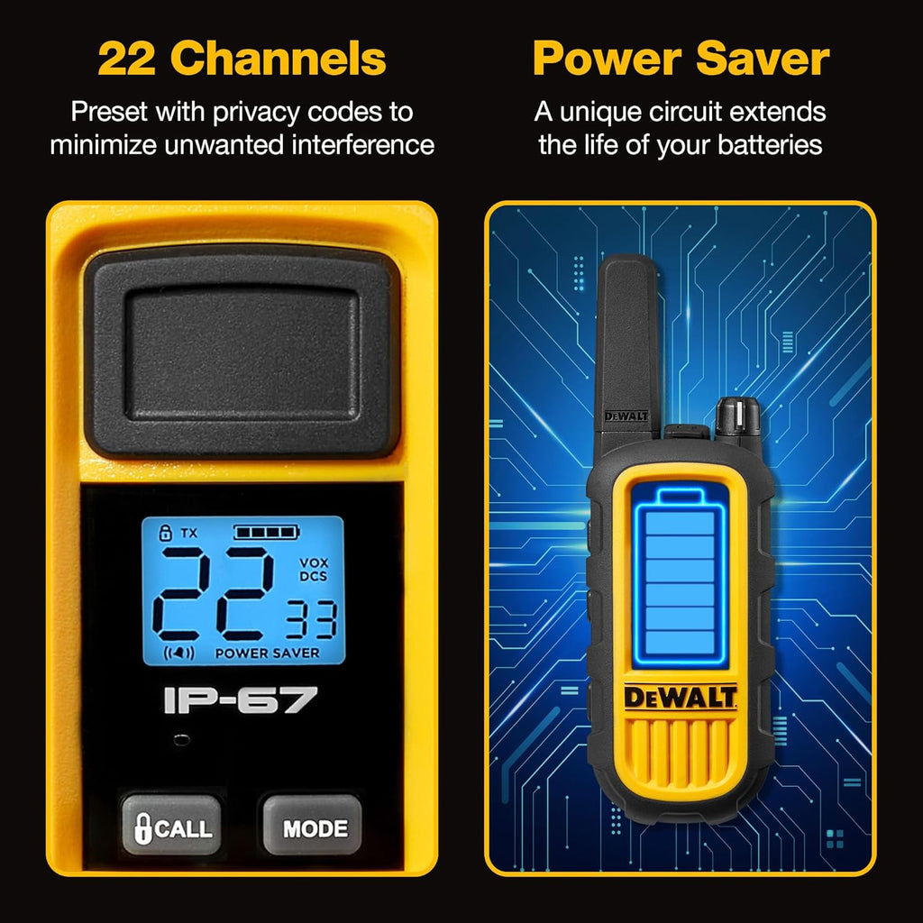 DEWALT DXFRS300 FRS Walkie Talkies, Long Range 2 Way Radio, 1W, IP67 Waterproof, 6 Pack with Gang Charger, DXFRS300-BCH6