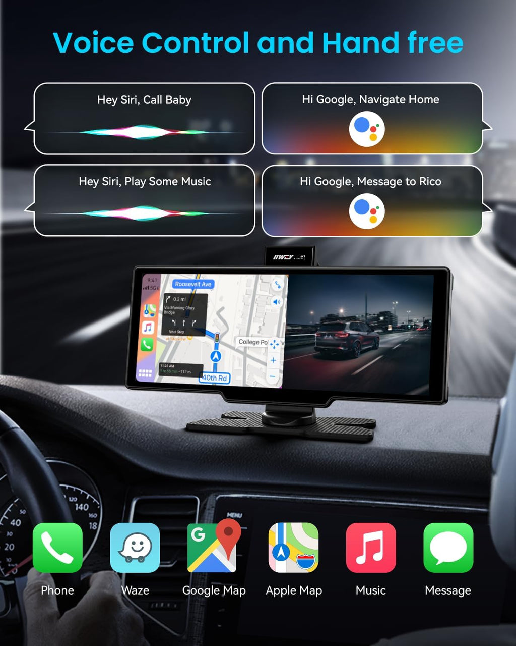 Portable Apple Carplay Screen, 10'' Car Stereo Wireless Car Play & Android Auto Touch Screen, 4K Dash Cam, 1080P Backup Camera, Mirror Link/Voice Control/Music Play/GPS Navigation