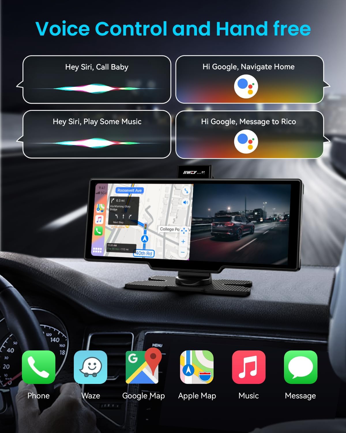 Portable Apple Carplay Screen, 10'' Car Stereo Wireless Car Play & Android Auto Touch Screen, 4K Dash Cam, 1080P Backup Camera, Mirror Link/Voice Control/Music Play/GPS Navigation