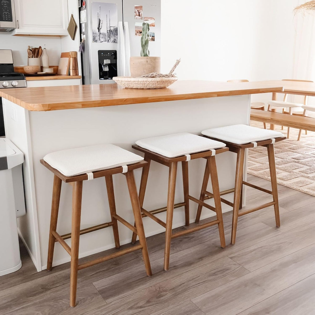 Nathan James Barker Counter Height Solid Wood Barstool with Upholstered Cushion, Backless Island Stool with Rubberwood Legs and Natural Textured Linen Upholstery for Kitchen, Brown/White, Set of 2