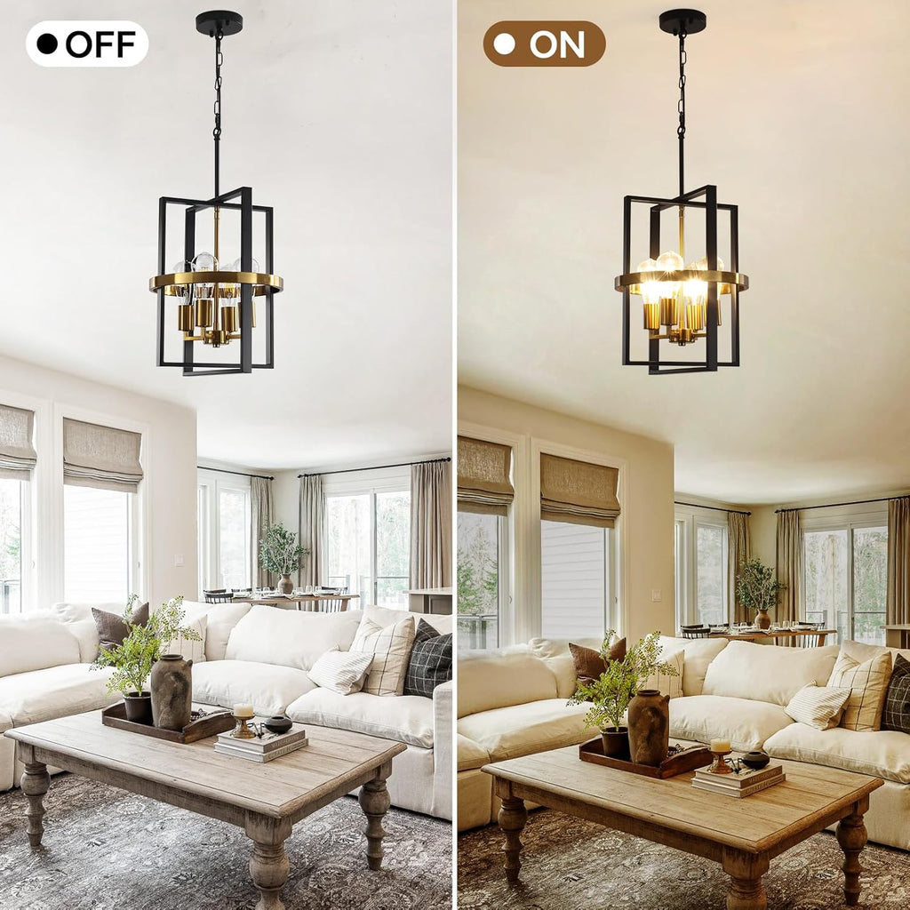 Small Black and Gold Chandelier for Dining Room, 4-Light Modern Pendant Lights Adjustable Geometric Industrial Rustic Foyer Lighting Fixtures for Entryway Living Room Kitchen Island Hallway