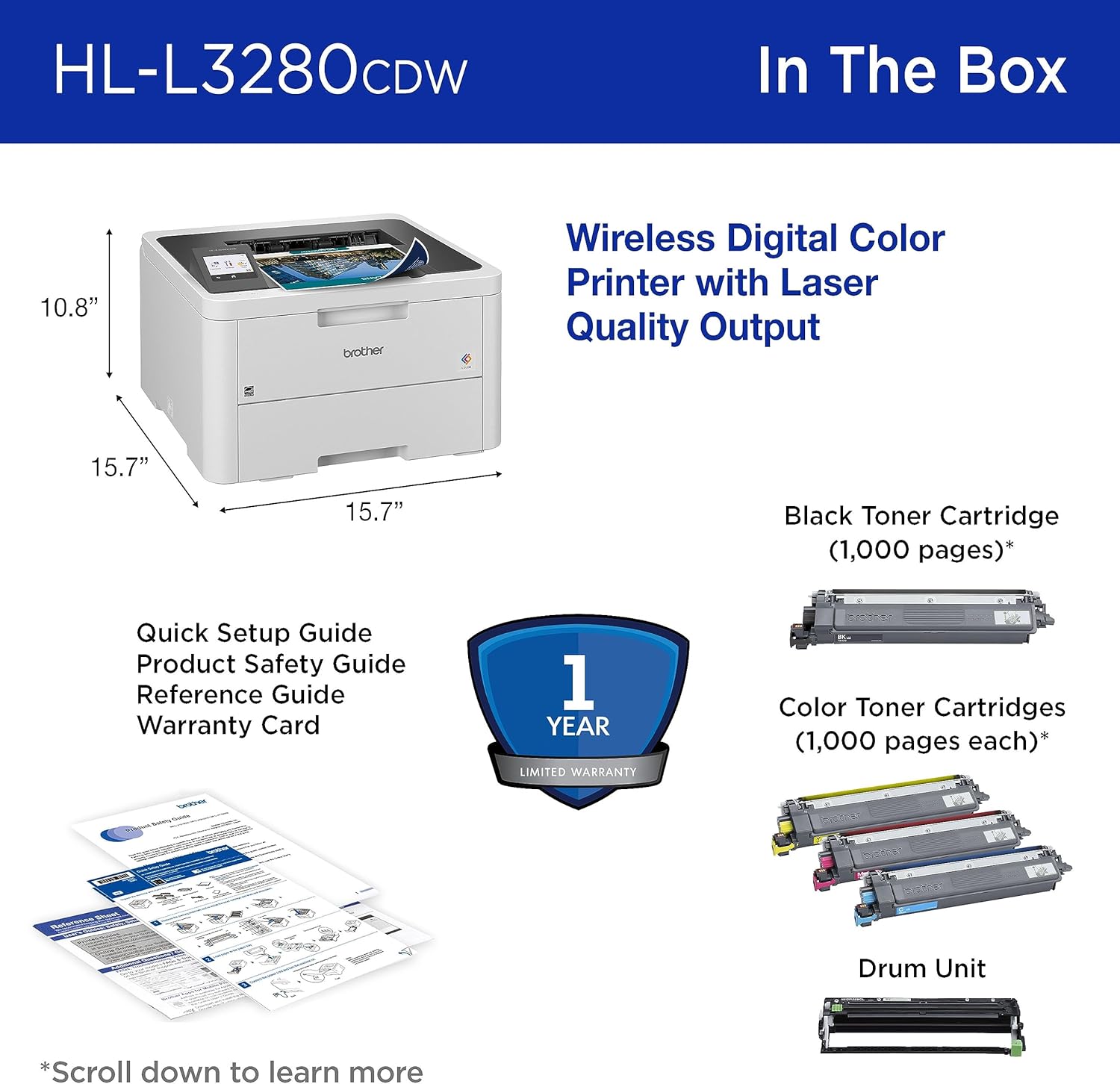 Brother HL-L3280CDW Wireless Compact Digital Color Printer with Laser Quality Output, Duplex, Mobile Printing & Ethernet | Includes 2 Month Refresh Subscription Trial¹,Works with Alexa