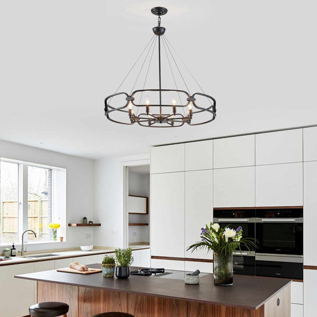 31" Industrial Chandeliers for Dining Room Large Black Chandelier 8-Light Round Farmhouse Kitchen Pendant Lighting Fixture for Entryway, Living Room, Bedroom, Foyer, Office
