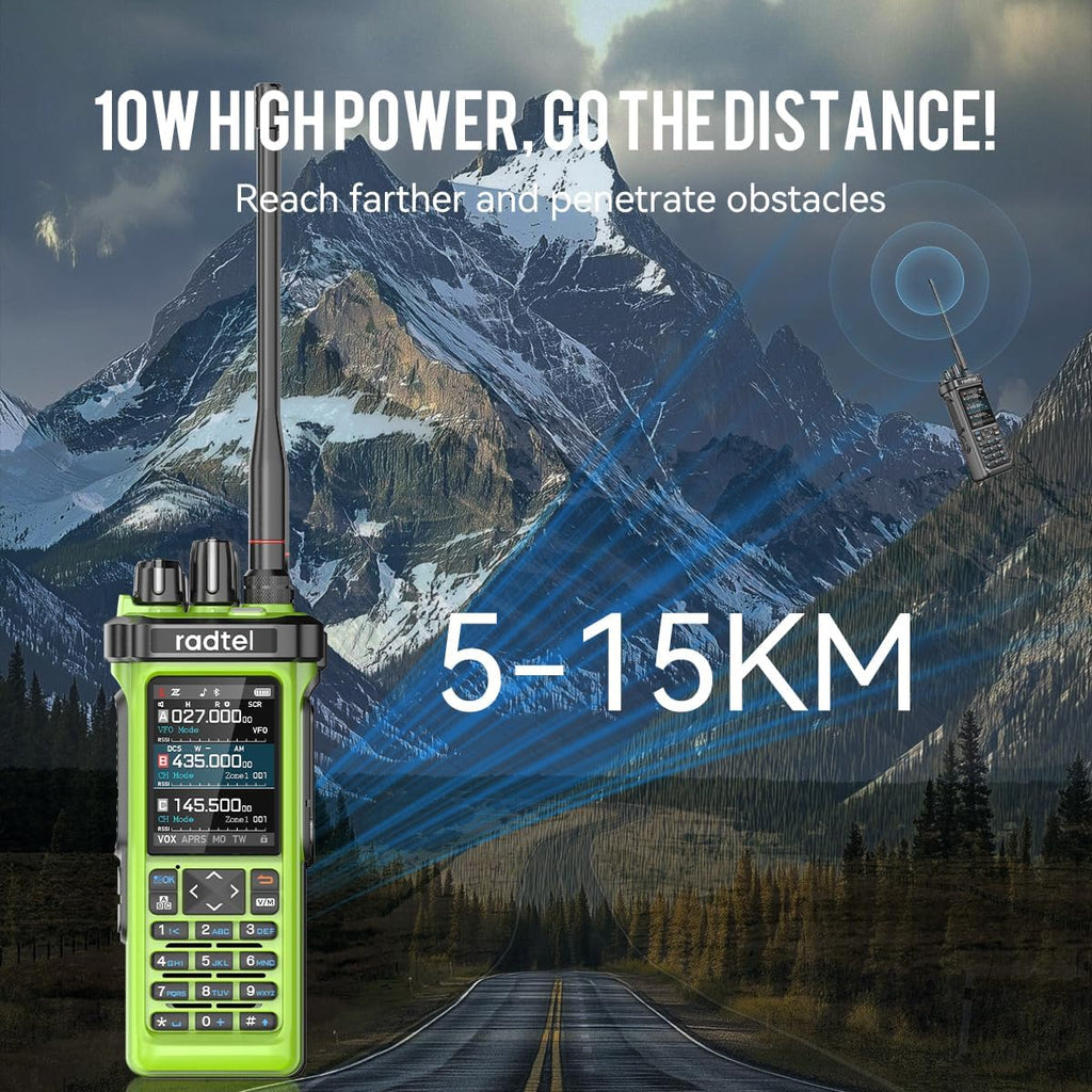 Radtel RT-950 PRO Ham Radio TX GPS/APRS, 10W Walkie Talkie Long Range Handheld Two Way Radio, AM/FM/CB/SW/MW/LW RX, Bluetooth APP Programming, NOAA, Spectrum Analyzer .Green (with Programming Cable)