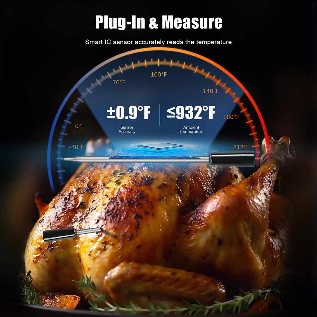 Wireless Meat Thermometer Digital, Smart Bluetooth Instant Read Thermometer .±0.9℉ Accuracy, IP68 Waterproof Food Thermometer for Oven, Smoker, BBQ, Rotisserie, Kitchen