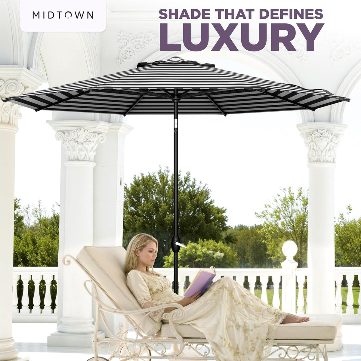 Midtown Umbrellas - The Lean 9 Ft Patio Umbrella with Fade-Resistant Sunbrella Fabric, Auto-Tilt Aluminum Frame and 8 Reinforced Ribs for Deck, Pool & Garden - Black & White Canopy, Black Pole
