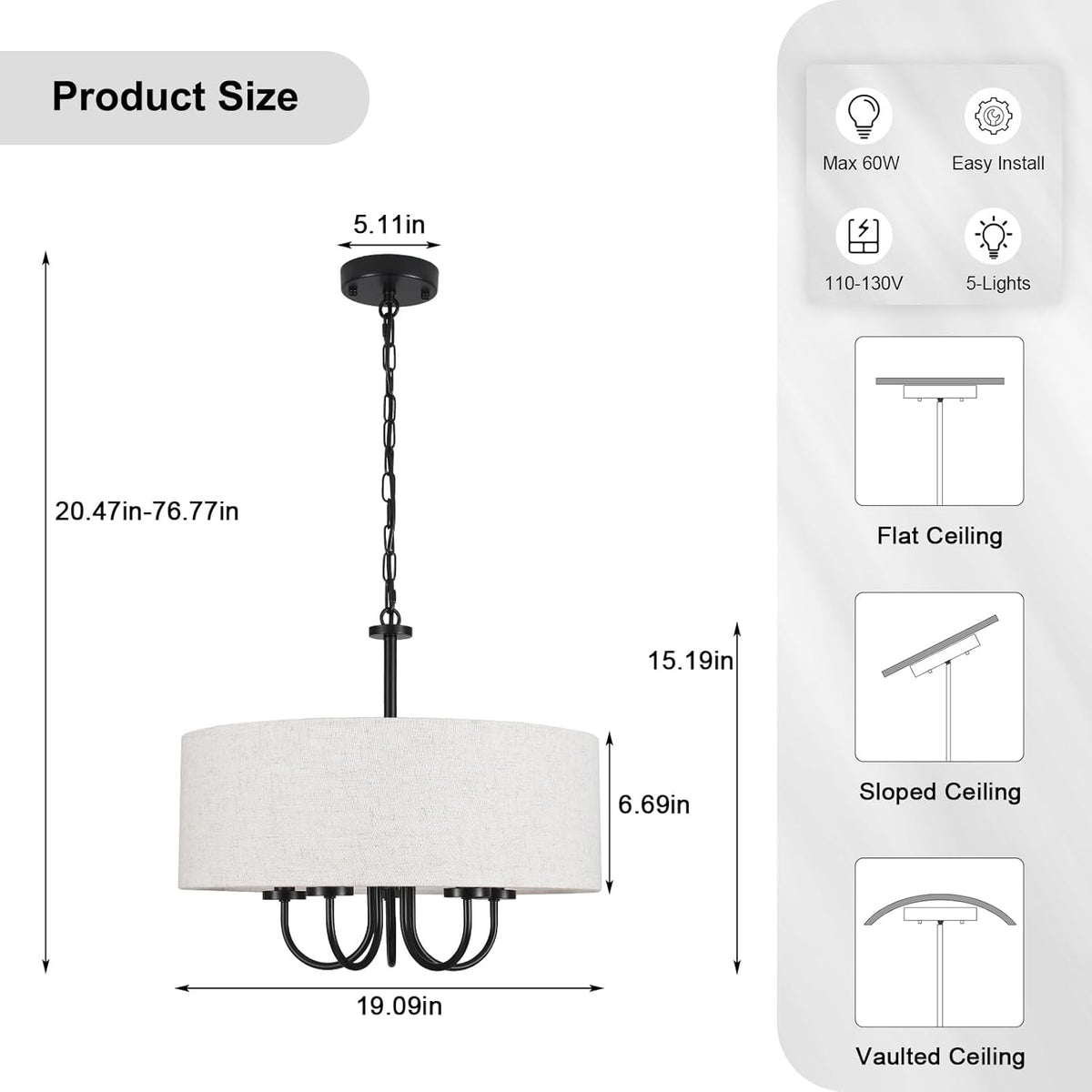 Drum Chandelier 5 Light 19" Dining Room Chandeliers Modern Black Farmhouse Chandelier White Linen Drum Shade Pendant Light Fixture for Living Room Bedroom Hallway