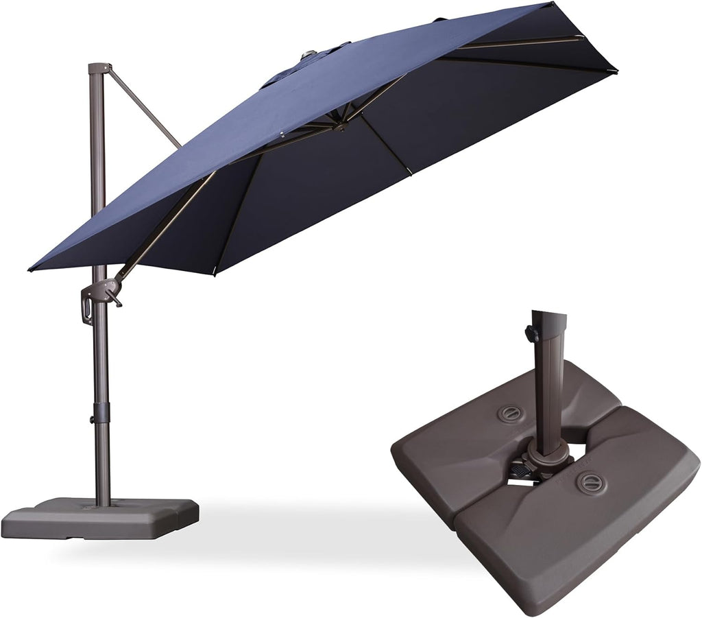 PURPLE LEAF 10' X 10' Patio Cantilever Umbrella with Base Included Antique Bronze Square Outdoor Umbrella with 360° Rotation and Aluminum Offset Hanging for Garden Backyard Pool, Navy Blue