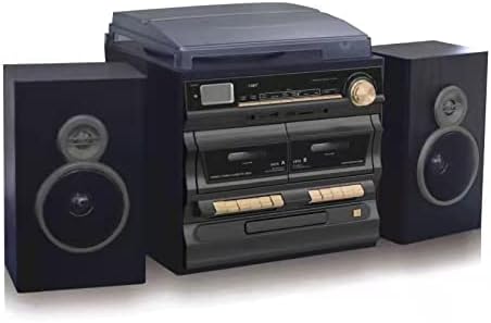 TechPlay Karaoke Enabled, 30W RMS, Retro Classic Turntable, NFC Bluetooth, Double Cassette Player/Recorder, CD MP3 Player, USB SD Ports, AM/FM Digital Alarm Clock and Full Remote Control (Black)