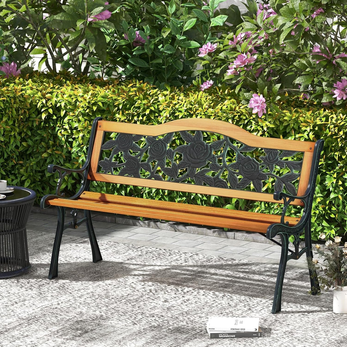 Tangkula Outdoor Garden Bench Park Bench, Patio Furniture Bench Chair with Cast Iron & Hardwood Structure, Weather Proof Porch Loveseat, Perfect for Backyard, Deck, Lawn, Poolside