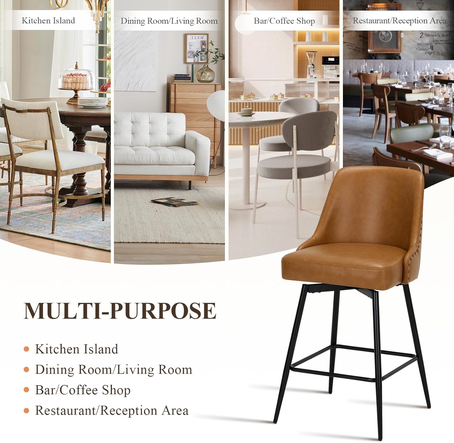 COLAMY Bar Stools Set of 4, 26" Swivel Counter Height Chairs with Back,Thick Padded Seat & Footrest,Modern Faux Leather Barstool for Kitchen Island,Dining Room,Pub,Brown