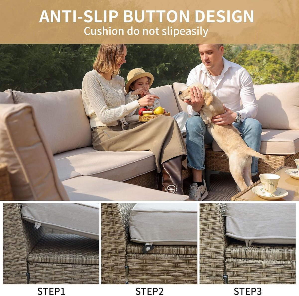 JOYURE 7 Piece Wicker Patio Furniture Set,Outdoor Conversation Sectional Sofa w/Coffee Table,All-Weather Outdoor Sofa with Thick and Anti-Slip Cushions for Deck,Poolside,Garden,Beige