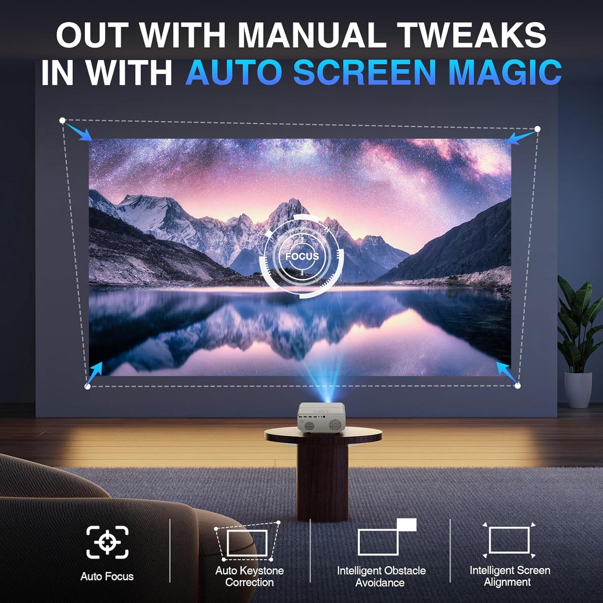 Auto Focus/4K Support Projector with WiFi and Bluetooth, Native 1080P Outdoor Movie Projector with Auto Focus/4P6D Keystone/50% Zoom/PPT, DBPOWER Portable Projector for iOS/Android/TV Stick