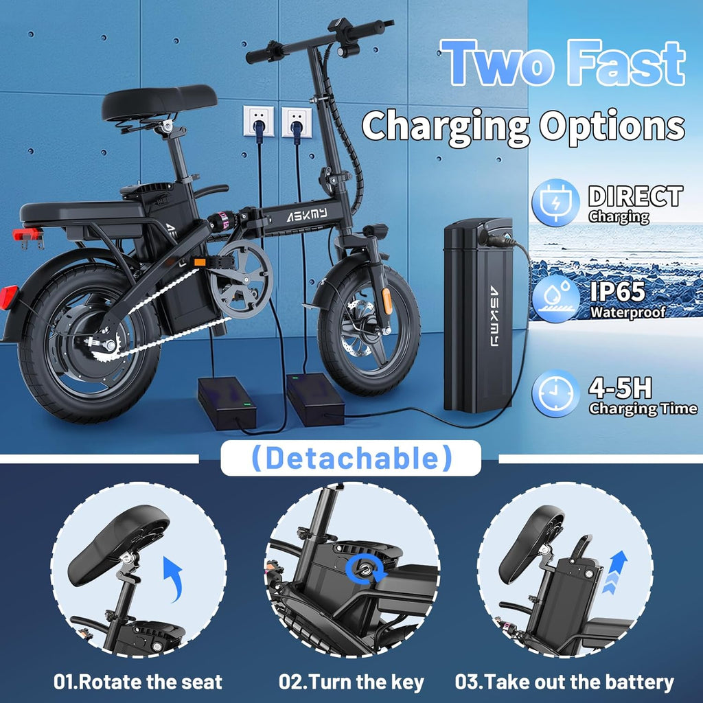 Foldable Electric Bike for Adults and Teens, 740W Peak Motor Ebike with 48V 10AH/20AH Removable Battery, 30-60 Miles PAS Range, 14" Folding Mini E-Bike, 20MPH Electric Bicycle for Daily Commuting