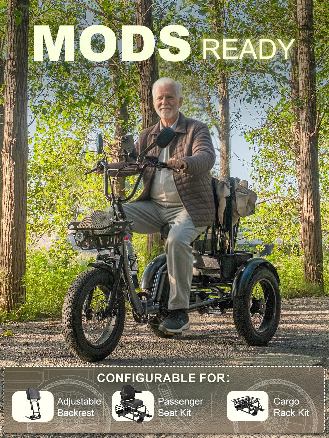 Creek Folding Electric Tricycle for Adults, Etrike with Passenger Seat & Backrest, 1000W 20MPH 80Miles Fat Tire Electric Trike, 3 Wheel Electric Bike, Reverse, Parking, Differential, Gray