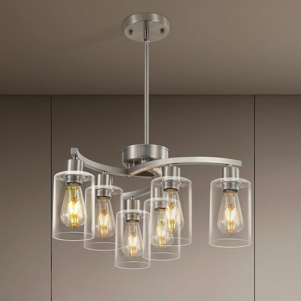 6 Light Modern Brushed Nickel Pendant Light Fixture for Dining Room .Kitchen Pendant Lighting Over Island .Adjustable Height Farmhouse Dining Chandeliers Over Table .with Glass Shade
