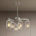 6 Light Modern Brushed Nickel Pendant Light Fixture for Dining Room .Kitchen Pendant Lighting Over Island .Adjustable Height Farmhouse Dining Chandeliers Over Table .with Glass Shade