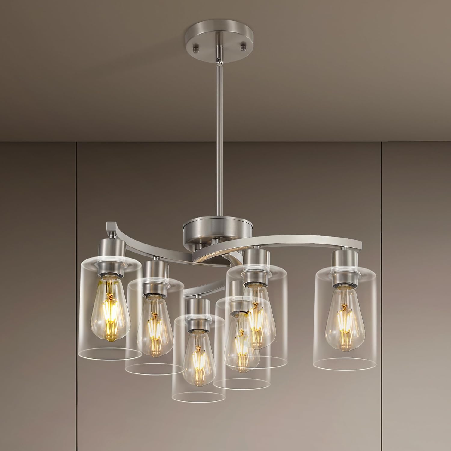 6 Light Modern Brushed Nickel Pendant Light Fixture for Dining Room .Kitchen Pendant Lighting Over Island .Adjustable Height Farmhouse Dining Chandeliers Over Table .with Glass Shade
