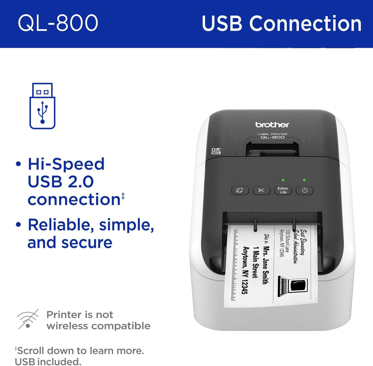 Brother QL-800 High-Speed Professional Printer, Plug & Label Feature, Genuine DK Pre-Sized, Multi-System Compatible – Black & Red Printing Available (Required USB Cable Included)