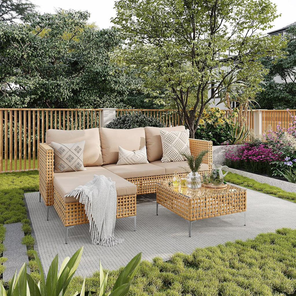 3-Piece L-Shaped Patio Furniture Set - Weather Resistant Wicker Sectional Sofa with Thick Cushions & Coffee Table for Small Spaces (Yellow/Beige)